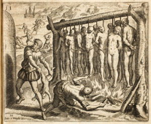 '예수와 12제자'를 생각하여 원주민 13명씩을 태워 신에게 바치는 풍속과 아기를 죽이는 모습이 보인다 (다른 종교인을 살인하는 것을 신에 봉사하는 것으로 믿어 의심치 않았다) - Theodor de Bry가 아메리카 발견 60년 후인 1552년에 동판에 조각한 작품